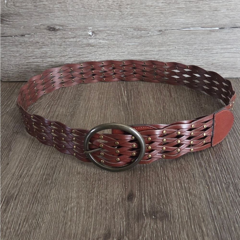 Boho Woven Brown Leather Belt with Brass Round Buckle L/XL